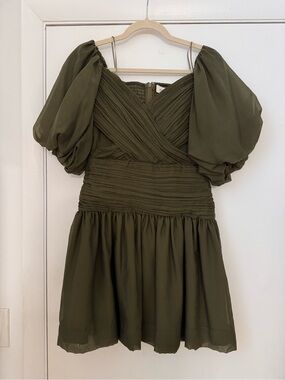 NWT Puff-Sleeve Olive Green Mini Dress, S
